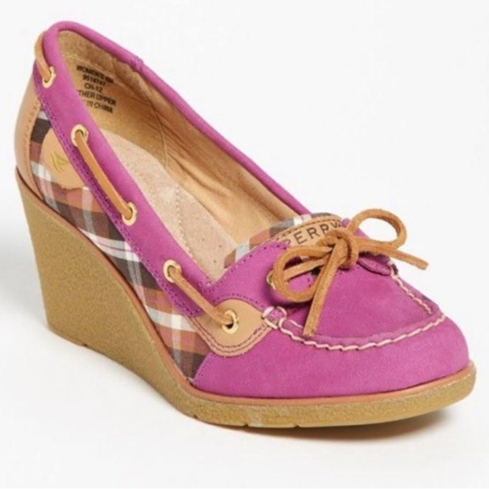 Sperry Pink and Tan Plaid Wedge Boat Shoe